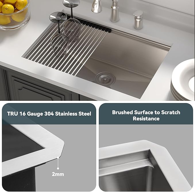 Lordear 28 Undermount Kitchen Sink Stainless Steel 16 Gauge Under Counter Workstation Sink Single Bowl 304 Stainless Steel One Basin Handmade Sinks
