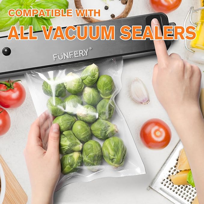 FUNFERY Pre-cut Vacuum Sealer Bags for Food, 200 Quart 8" x 12", Food Long-Term Storage and Sous Vide Commercial-Grade Bag,BPA Free Bags,Easy Labled