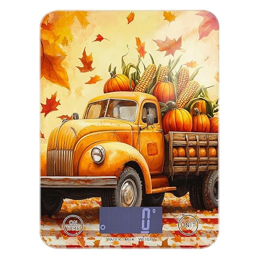 Fall Thanksgiving Pumpkin Truck Food Scale Kitchen Digital Scale Food Ounces and Grams Dieting Baking Cooking Waterproof Glass Panels LCD Display,4 Units Tare Function