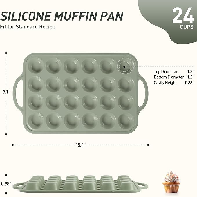 24 Cups Silicone Muffin Pan with Metal Reinforced Frame Mini Size Cupcake Pan Tray Egg Bites Silicone Circle Cookie Molds Little Small Muffin Tin Tart Pans Baking Sheet Set for Sandwiches