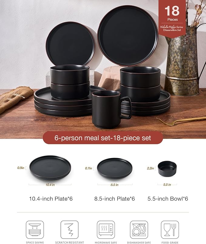 Famiware Nebula Ridge Stoneware Dinnerware Sets for 6, Plates and Bowls Sets, 18 Pieces Dishes Set, Microwave and Dishwasher Safe Kitchen Plates, Matte Black