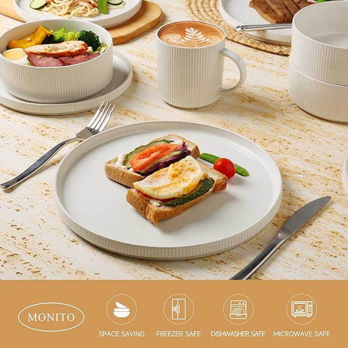 MONITO Ceramic Dinnerware 16 Pieces Dinner Set,Plates Pasta Bowls Cereal Bowls Reactive Change Glaze Dish Sets, Modern Stoneware Dishes,Gift, Creamy white