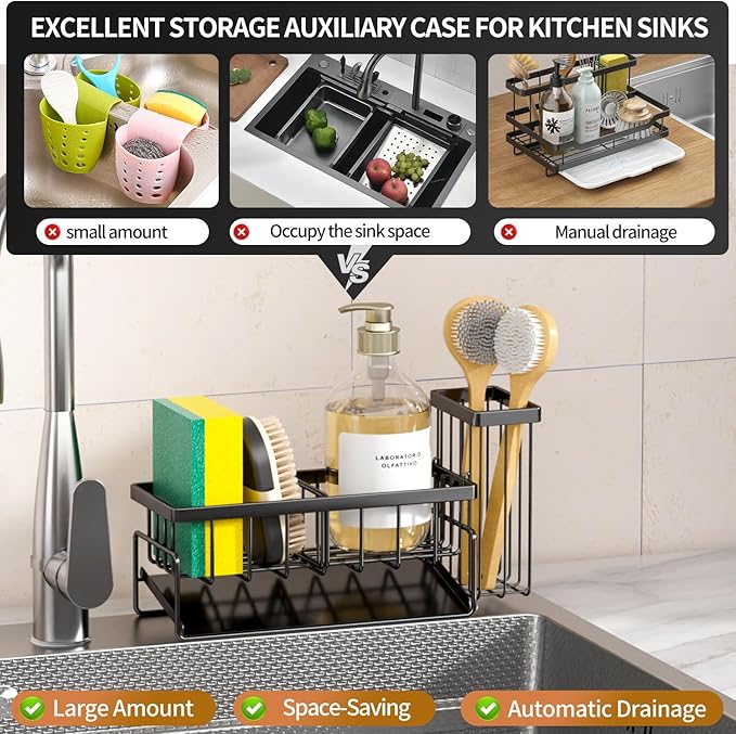 Sponge Holder & Sink Caddy Organizer - Rustproof Kitchen Sink Organizer with High Brush Holder - Kitchen Essentials Countertop Storage for Sponges, Scrubbers (Space Grey)