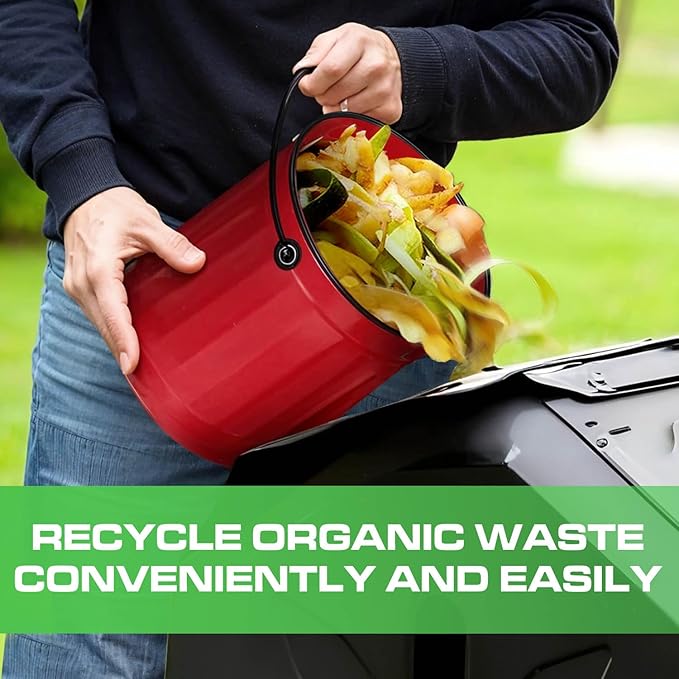 Plexon Countertop Compost Bin Kitchen with Lid, Red 1.5 Gallon Odorless Compost Container, Steel Food Compost Bucket for Kitchen with Charcoal Filter, Pail for Countertop