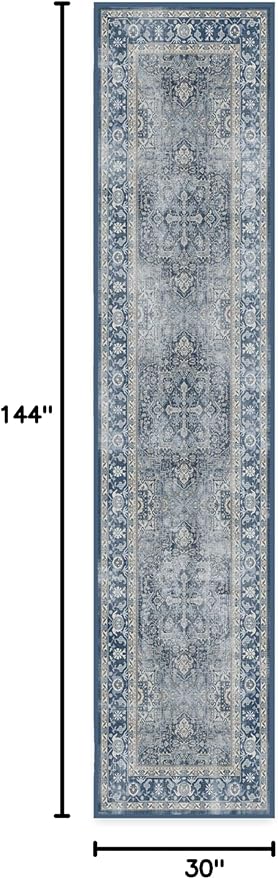 RUGGABLE Washable Area Rug – Kamran Admiral Blue 2.5'x12', Stain-Resistant, Non-Slip – Medium Machine Washable Rugs for Living Room, Bedroom, Hallway, Entryway & Office–with Standard Pad
