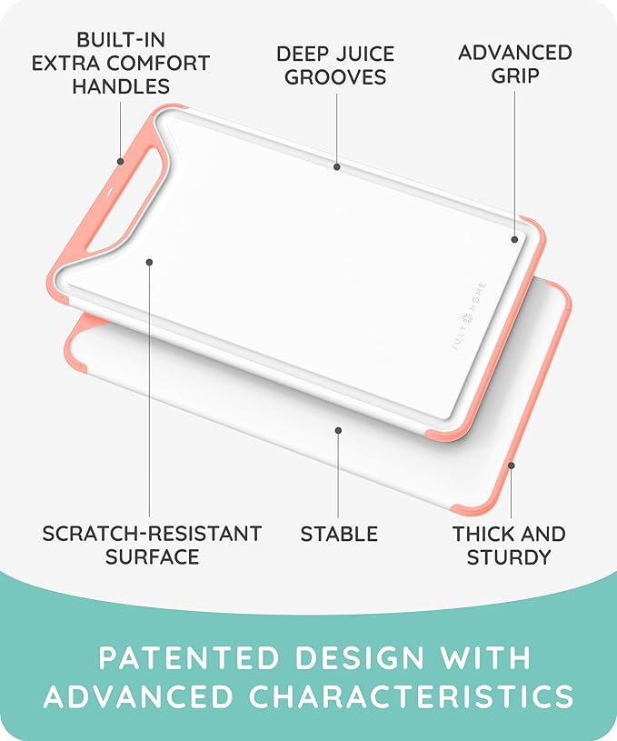 Cutting Boards for Kitchen, Plastic Cutting Board Set of 3, Dishwasher Safe Cutting Boards with Juice Grooves for Meat, Veggies, Easy Grip Handle, Serveware Accessories (Pink)