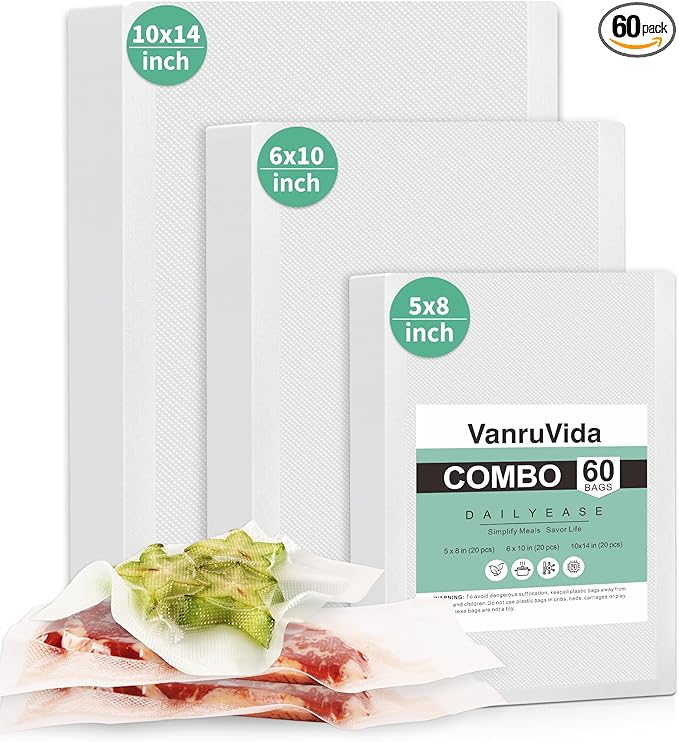 VanruVida Vacuum Sealer Bags,5” x 8” and 6” x 10” and 10” x 14” PreCut,60 Count,Commercial Grade Textured with Double Tear Notches,BPA Free,Food Storage Bags for Freezer, Meal Prep, or Sous Vide