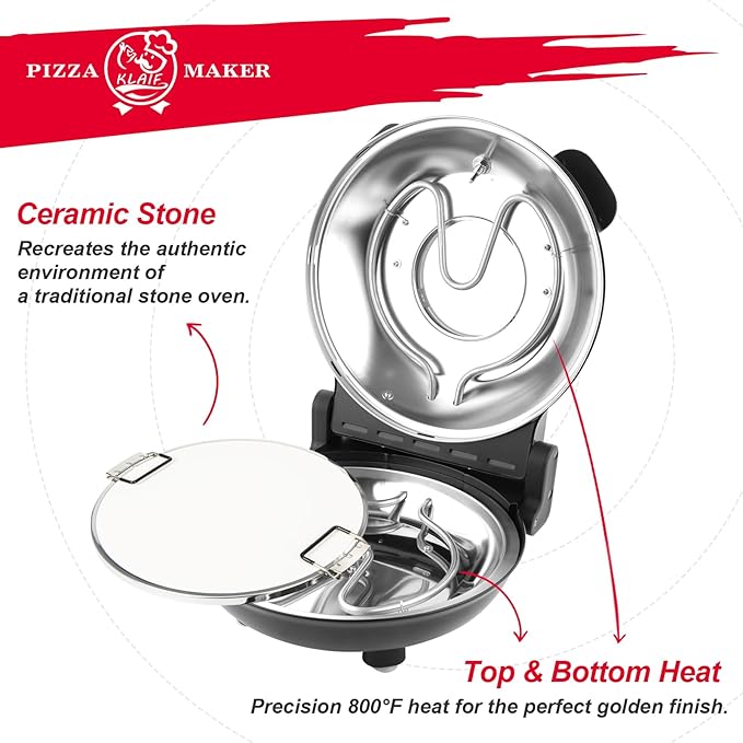 KLAIF 12" Electric Countertop Pizza Oven With Ceramic Stone, Dual Adjustable Temperature Controls, Includes 4 Pizza Tools (Black)