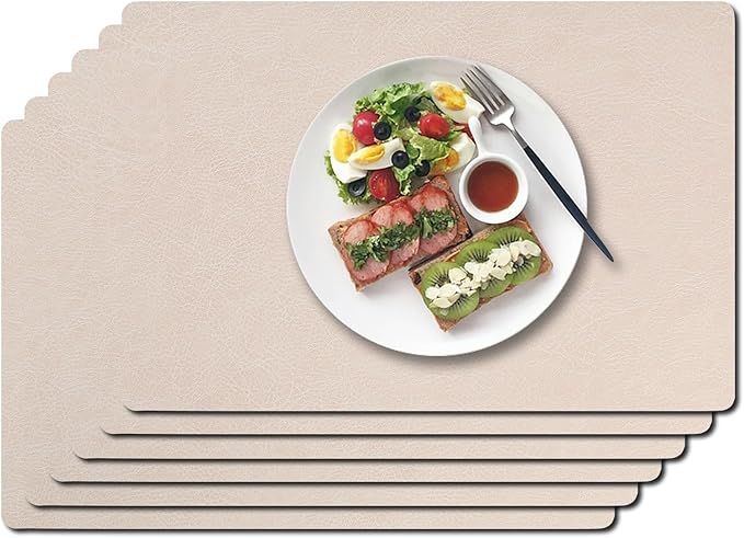 Vinyl Placemats Set of 6-12×17.7 Inch Waterproof & Heattable Placemats, Fall Faux Leather Wipeable Outdoor Table Mat for Dining, Kitchen, Indoor Outdoor Use (Beige, Cowhide Grain)