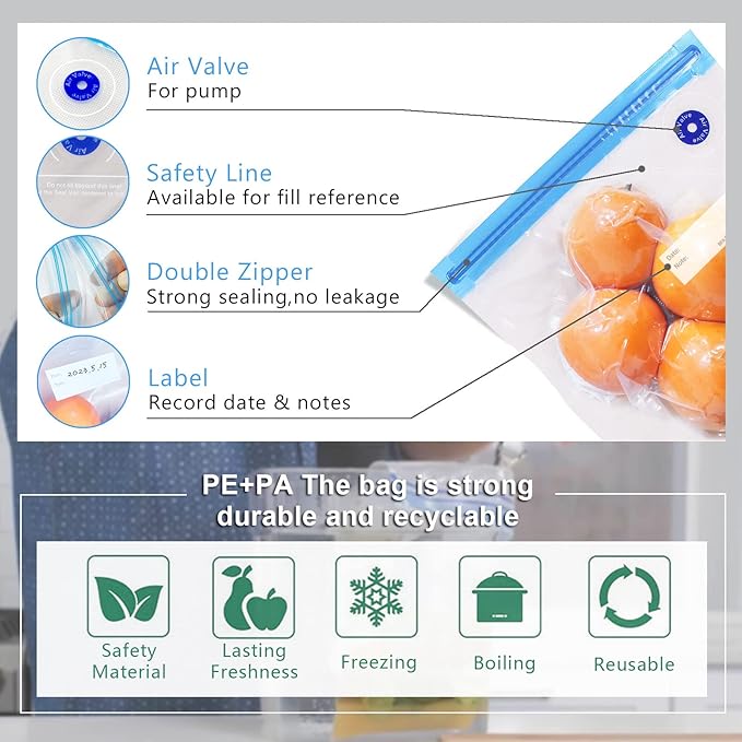 MOMODA Sous Vide Cooking Bags - Set of 30 | BPA-Free Reusable Vacuum Seal Bags with Air Valve for Joule and Anova Cookers | Freezer Safe Vacuum Food Storage Bags with Upgraded Electric Pump Included