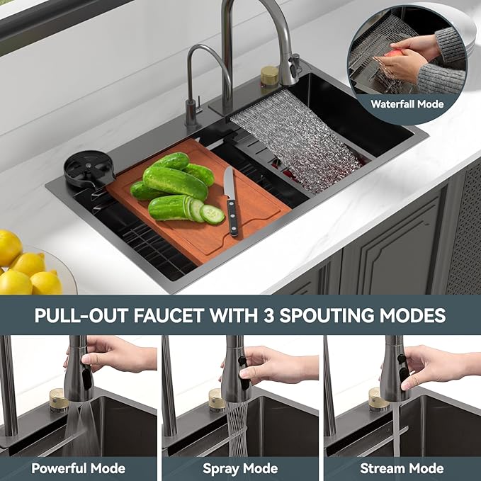 Lordear 33 Watefall Kitchen Sink Drop In - 33x19X9 Sink Stainless Steel 16 Gauge Single Bowl Multifunctional Workstation Sinks with Built-in Accessories,Glass Rinser and Faucet Included