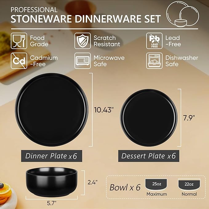 Herogo 18 Pieces Stoneware Dinnerware Set Service for 6, Dinner Plates and Bowls Sets, Double Reactive Glaze Dishes Set for Kitchen, Scratch Resistant, Microwave & Dishwasher Safe, Matte Black