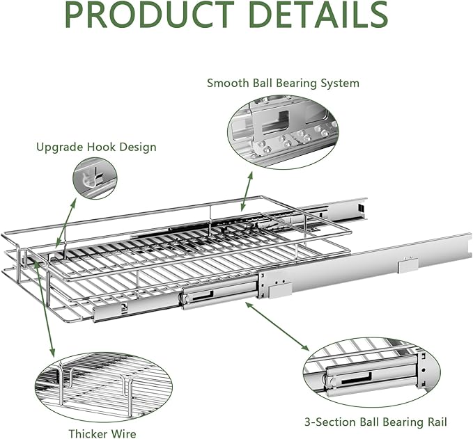 Pull Out Cabinet Organizer 9" W x 21½" D, Heavy Duty Cabinet Pull Out Shelves, Slide Out Drawers Organization for Kitchen Cabinets Bathroom