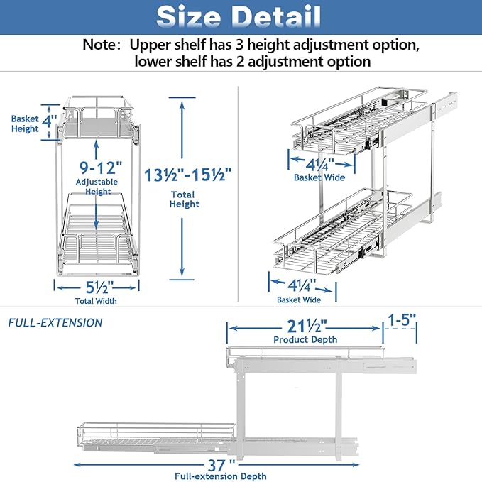 2 Tier Individual Pull Out Cabinet Organizer 5½" W x 21½" D, Heavy Duty Cabinet Pull Out Shelves, Slide Out Drawers Organization for Kitchen Cabinets Bathroom