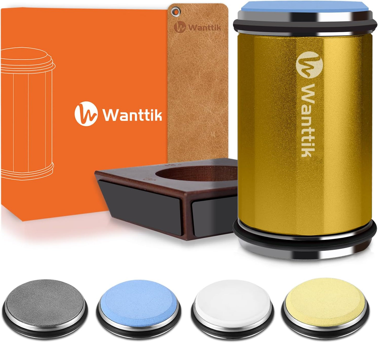 Rolling Knife Sharpener Kit, Upgraded Roller Knife Sharpener with Leather Strop for Kitchen Knives, 4-Disc Rolling Stone Sharpener with 15&18&20&22 Degree Sharpening, Gold