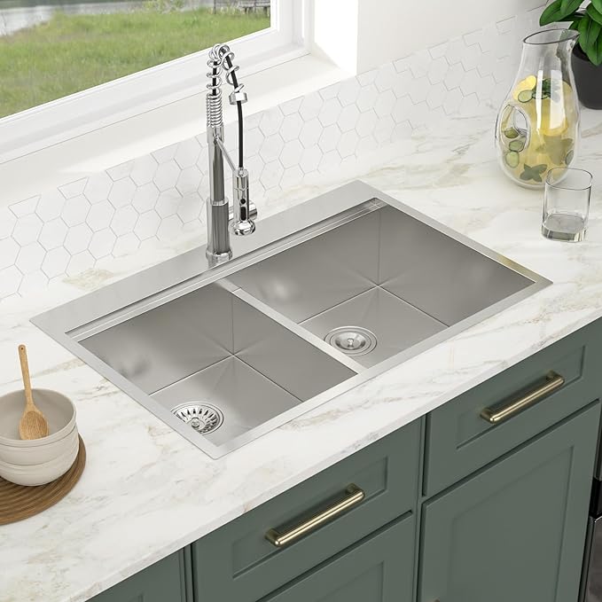 Logmey 33 Inch Double Bowl Kitchen Sink Drop In Kitchen Sinks Workstation 33x22x9 Inch 50/50 Stainless Steel 16 Gauge Handmade Topmount Sink