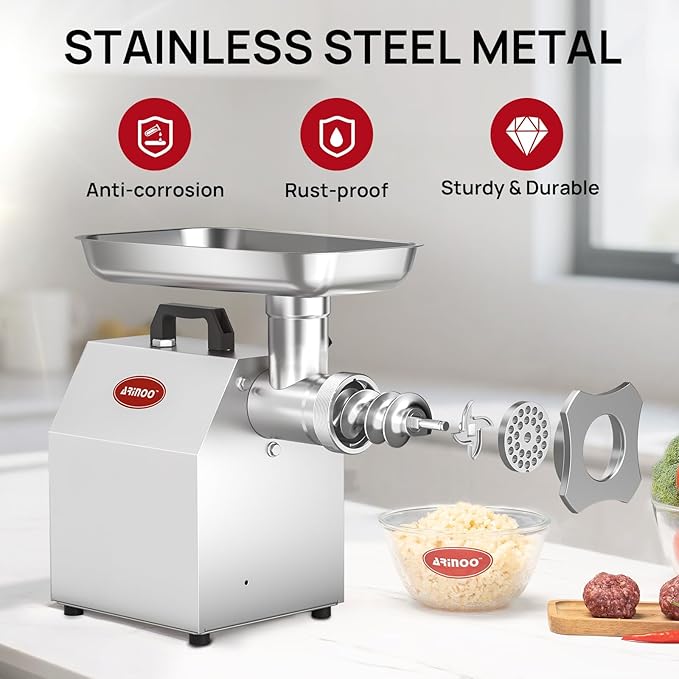 Electric Meat Grinder #12, 1.0 HP Heavy Duty Stainless Steel Meat Mincer, 2400W Max, Includes 2 Blades, 2 Plates & 3 Sausage Stuffing Tubes, Meat Grinder for Home Kitchen & Restaurant Use