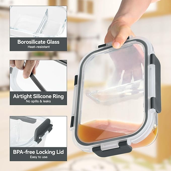 BAYZZ 5 Pack 35 Oz Glass Meal Prep Containers 2 Compartments, Glass Storage Containers with Lids, Airtight Lunch Bento Boxes, BPA-Free, Microwave and Freezer Safe