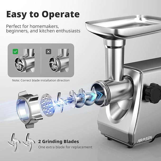 AIRMSEN Electric Meat Grinder – Heavy Duty Professional Stainless Steel Sausage Maker & Stuffer with 3 Plates, 2 Stainless Blades & Kubbe Kit – Fast, Quiet, Easy to Clean for Home Kitchen Use