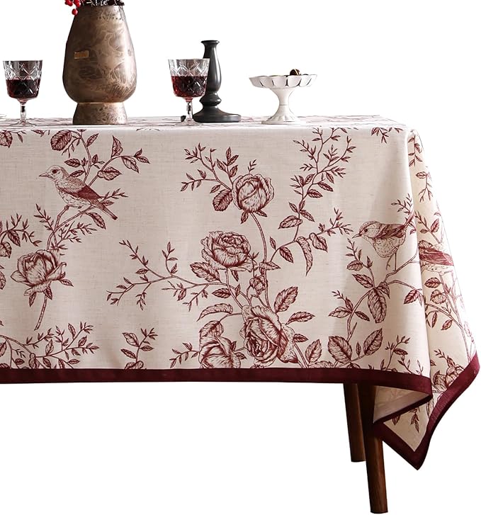 French Square Tablecloth, Linen Table Cloth with Dark Red Floral Leaves and Birds Pattern, Heavy Durable Table Cover for Dining Thanksgiving Kitchen Decor Party Christmas, 55" * 55"