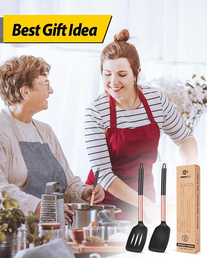 Pack of 2 Silicone Solid Turner, Non Stick Slotted Kitchen Spatulas, High Heat Resistant BPA Free Cooking Utensils, Ideal Cookware for Fish, Eggs, Pancakes(Rose Gold Black)