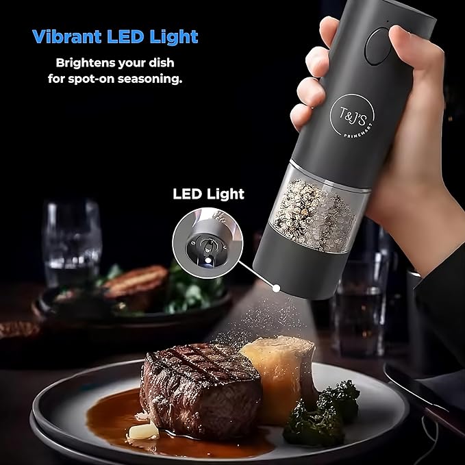 T&J's Upgraded Larger Capacity Electric Salt and Pepper Grinder Set Rechargeable (2 Pack) One Hand Operation with Storage Base, Five-Level Adjustable Coarseness and Warm LED Light, Black