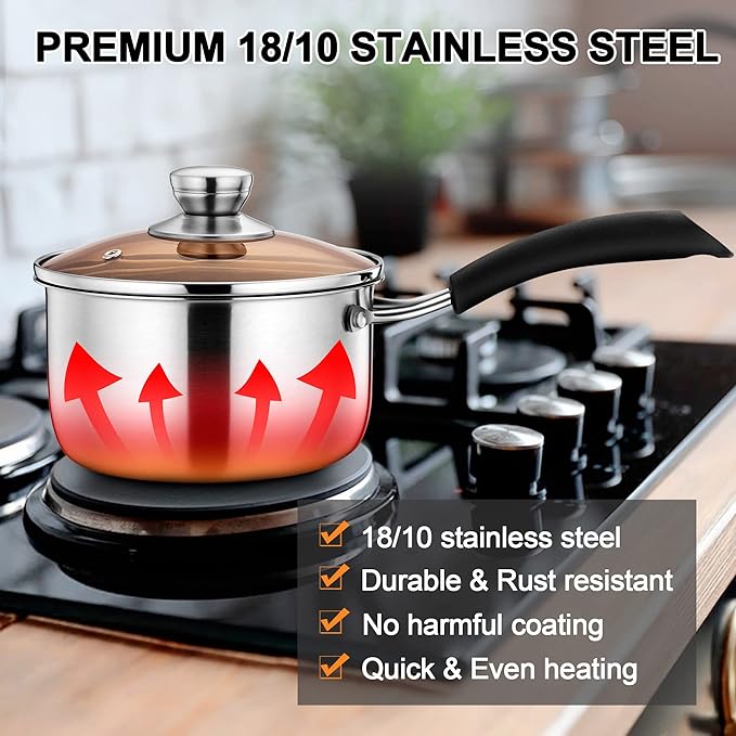 LIANYU 3QT Saucepan with Lid, Stainless Steel Sauce Pan Cooking Pot, 3 Quart Kitchen Cookware with Long Heatproof Handle, Dishwasher Safe