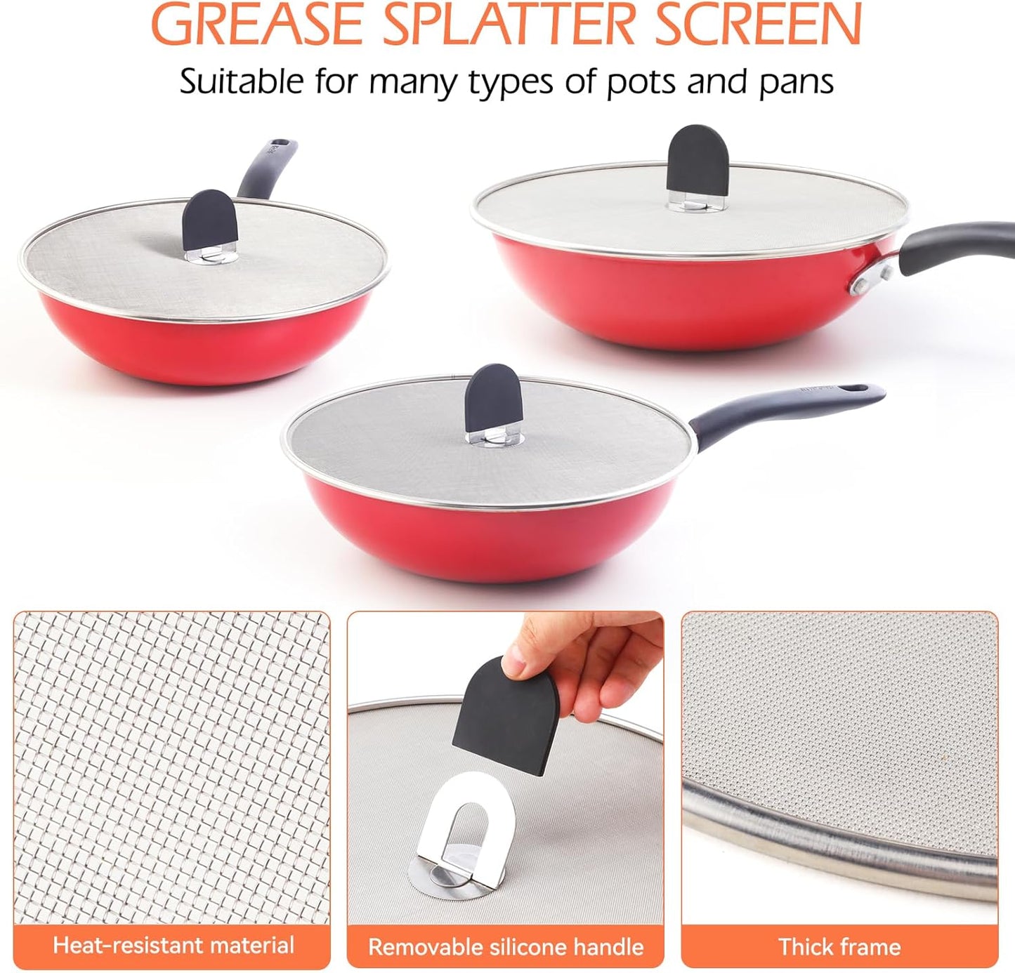 Snowyee Grease Splatter Guard, 3PCS Splatter Screen with Silicone Heat Resistant Handle and Stainless Steel Fine Mesh Design for Safe Indoor and Outdoor Cooking (13/11.5/10 inch and 33/29/25cm)