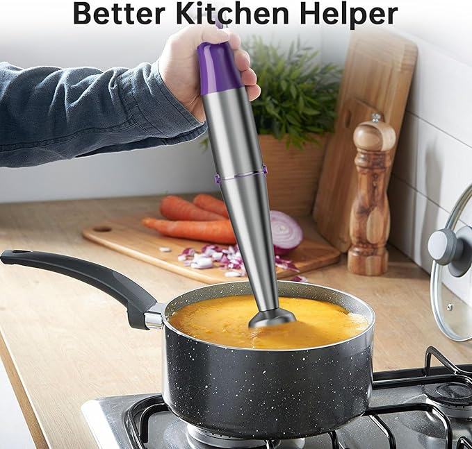 Immersion Blender Handheld Corded Hand Blenders Set 1100W, Trigger Variable Speed 5 in 1 Stick Emulsifier with Chopper, Whisk and Frother for Soup, Baby Food and Smoothies, Purple
