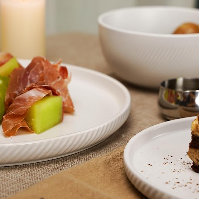 Earthsong Dinnerware Sets for 4, 12-Piece Ceramic Plates and Bowls Set, Dishwasher and Microwave Safe Stoneware Dishes Set, Ribbed, Snowcrest White