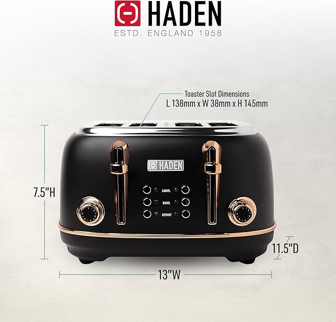 HADEN Heritage 4-Slice Toaster with Extra Wide Slots, 1500-Watt, Black & Copper - Retro Stainless Steel Design with Self-Centering Function, Adjustable Browning Control & Removable Crumb Tray