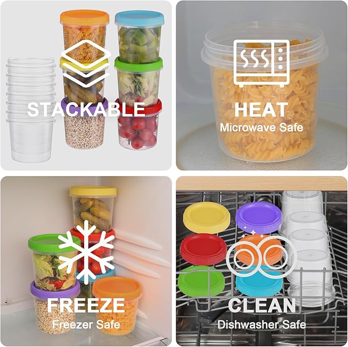 16 oz Plastic Deli Containers with Lids, 24 Pack Stackable Small Freezer Container, Reusable 2 Cup Food Storage Containers with Pen and Brush, Microwave & Dishwasher Safe, BPA Free