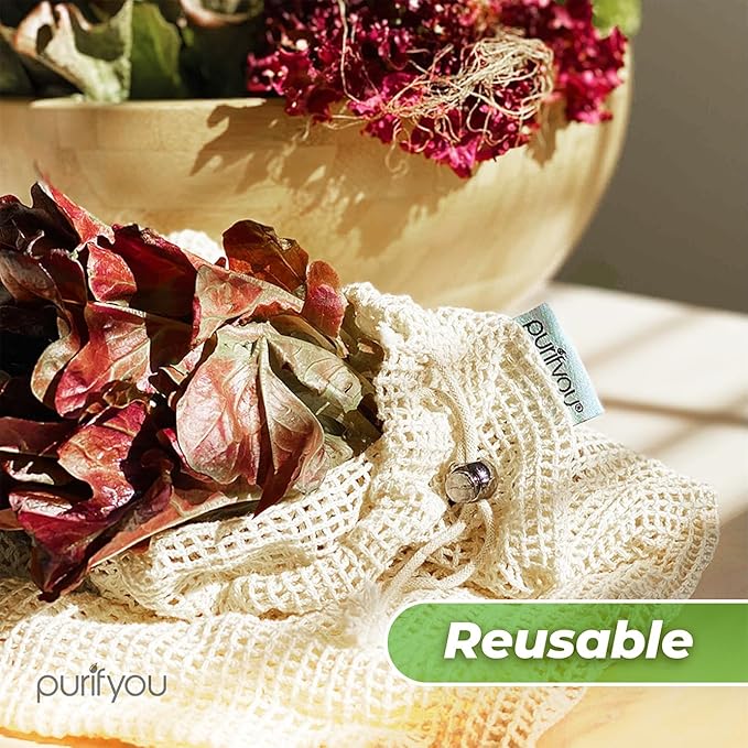 purifyou Set of 9 Reusable Organic Cotton Produce Bags – Heavy Duty Double-Stitched Mesh, Unbleached, Drawstring Closure – 2 XL (12x20), 5 L (12x14), 2 S (12x8)