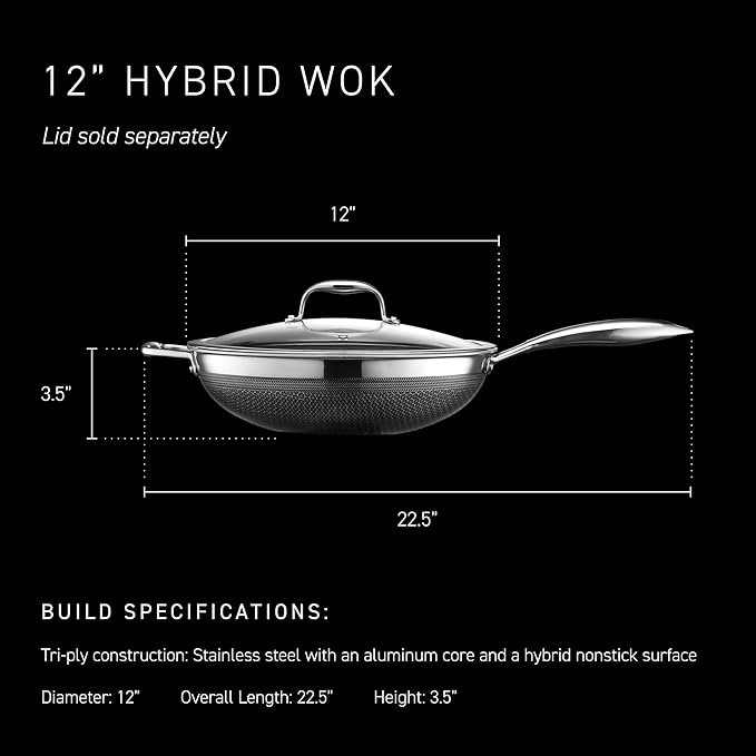 HexClad Hybrid Nonstick 12-Inch Wok, Stay-Cool Handle, Dishwasher-Friendly, Oven-Safe Up to 900°F, Induction Ready, Compatible with All Cooktops