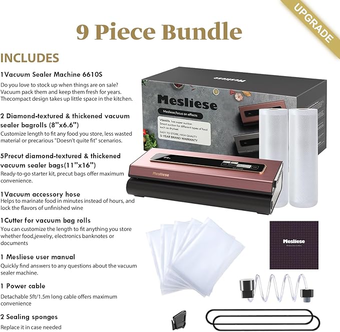 Mesliese Vacuum Sealer Machine Powerful 90Kpa Precision 6-in-1 Compact Vacuum Food Preservation System Built-in Cutter, 2 Bag Rolls & 5 Pre-cut Bags, Dry&Moist Modes Smart Suction, ETL Listed (Pink)