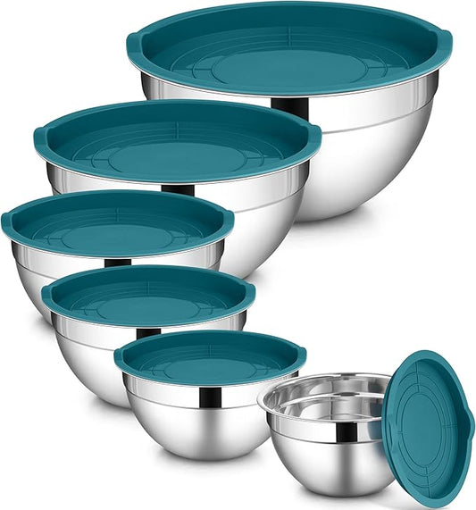LIANYU 6 Piece Stainless Steel Mixing Bowls, Large 7, 3.5, 2.5, 2, 1.5, 1 QT Metal Bowls Set, Kitchen Nesting Bowls for Salad Cooking Prepping Food Storage, Dishwasher & Freezer Safe, Blue