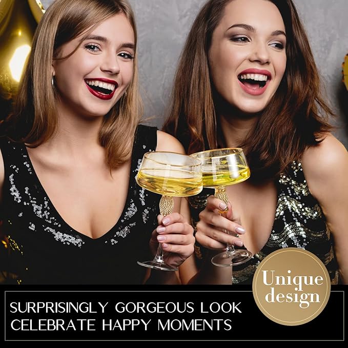 Gold Martini Glasses,Coupe Glass set of 4,Cocktail Glasses,Gold Rimmed&Rhinestones,Margarita Glass,Champagne Tower,Scocktail,Art Deco Glassware,Home Parties,9OZ