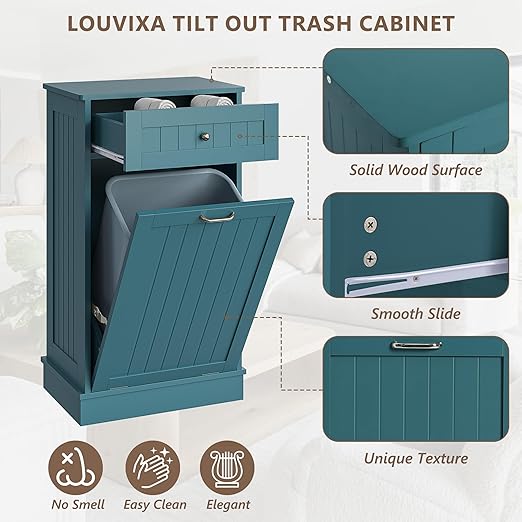 Tilt Out Trash Bin Cabinet Dog Proof Trash Can Holder Kitchen Island Without Garbage Bin or Tilt Out Laundry Hamper (Teal-Blue)