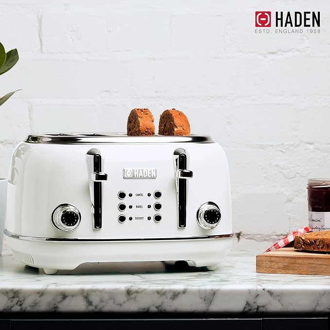 HADEN Heritage 4-Slice Toaster with Extra Wide Slots, 1500-Watt, Ivory & Chrome - Retro Stainless Steel Design with Self-Centering Function, Adjustable Browning Control & Removable Crumb Tray
