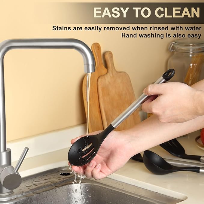 Pleafind 4-Pcs Silicone Cooking Utensils Set, Wok Utensils Set Include Wok Ladle, Slotted Spoon, Solid Spatula and Slotted Spatula, Silicone and Stainless Steel Kitchen Utensils, Dishwasher Safe