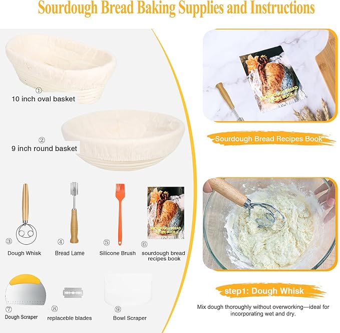 9 & 10 Inch Banneton Bread Proofing Basket Set with Liners,Dough Scraper,Bread Lame & Danish Whisk - Oval and Round Sourdough Baking Kit for Professional & Home Use