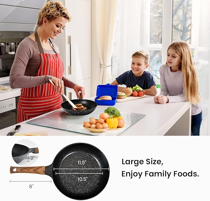Nonstick Frying Pans Set with Lid, 10 In 11.5 In Aluminum Granite Coating Chef's Pan, Non Stick Flat Skillet Set with Glass Cover, Cookware Set Suitable for Gas Stove, Induction Glass Top