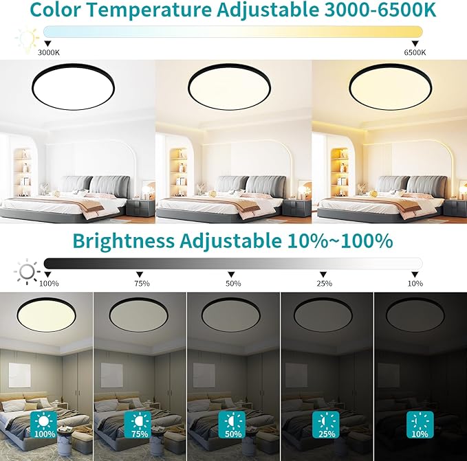 24 Inch Flush Mount Ceiling Light Fixture Dimmable with Remote Control, 56W, 5600 Lumen, Modern, Round, Black, for Kitchen, Dining Room, Bedroom, Living Room, Home Office