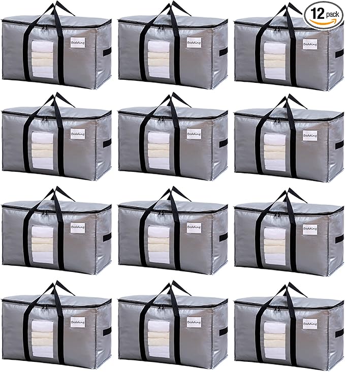 TAILI Extra Large Moving Bags, 12 Pack Silver Heavy Duty Totes for Storage with Visible Window, Wrap Around Handles, Storage Bags for Space Saving, Alternative to Moving Boxes
