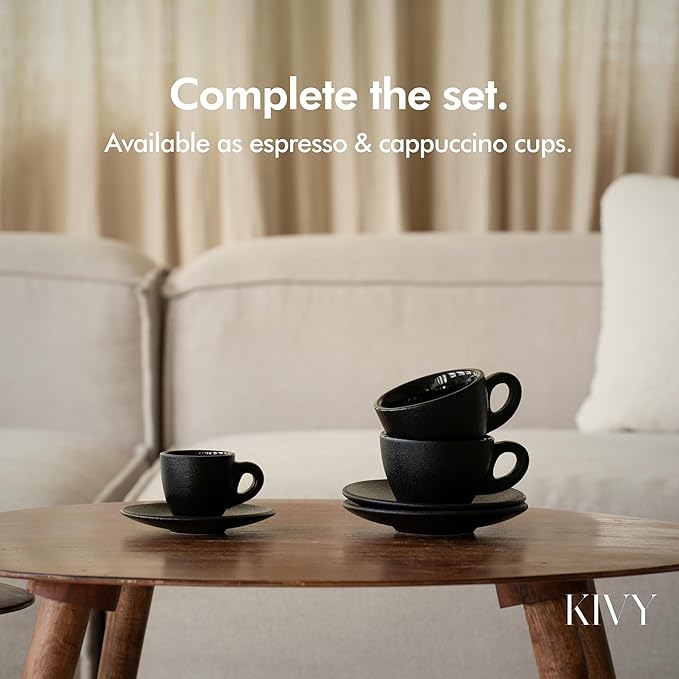 KIVY 3 oz Espresso cups set of 4 - Thick walled stoneware espresso cup set - Italian style cups and saucers - Demitasse cups set of 4 - Espresso mugs black - Coffee shot cups & saucers