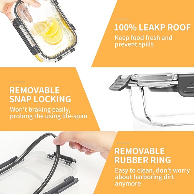 Skroam 15 Pack Glass Food Storage Containers with Lids Airtight, Glass Meal Prep Containers, Lunch Containers with Lids for Microwave, Oven, Freezer and Dishwasher Safe