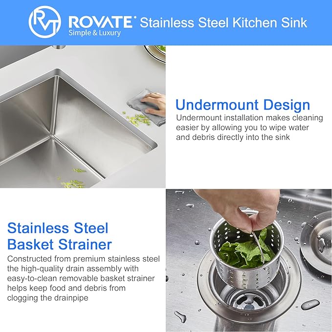 ROVATE 20 inch Kitchen Sink Undermount Single Bowl, Bar or Kitchen Sink Handmade, 304 Stainless Steel Kitchen Sinks with Strainer