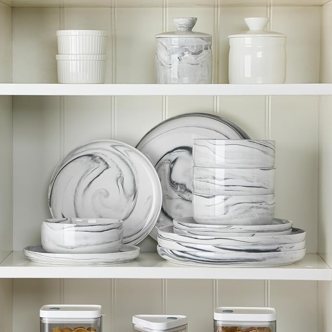 MALACASA Plates and Bowls Sets, 12 Pieces Porcelain Dinnerware Sets Dishware Sets Chip Resistant Ceramic Dish Set Dining Dinner Ware Service for 4, Marble Grey, Series LUNA