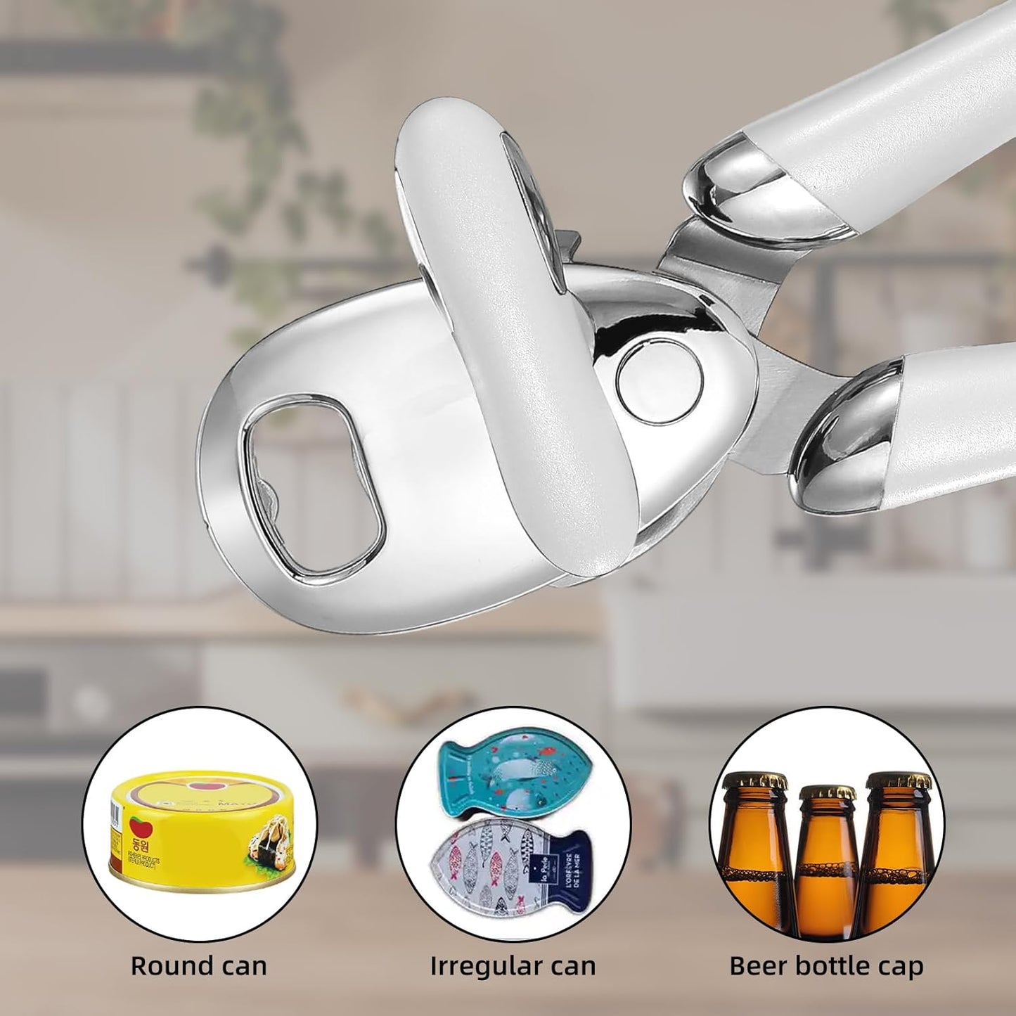 Multi-function Manual Can Opener Bottle Opener, Oversized Hand-held Easy Rotary Knob, Safe Cut Can Opener with Non-Slip Handle, Smoother Cut Sharp Blade for Seniors Kitchen Tool, White