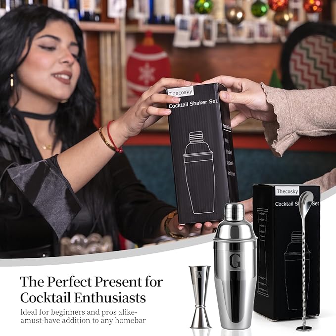 24oz Cocktail Shaker Set with 1 oz 2oz Jigger - Monogramm Initials Martini Shaker Set - 304 Stainless Steel Bar Shaker for Margarita,Mojito-Personalized Gift for Friend,Husband-N